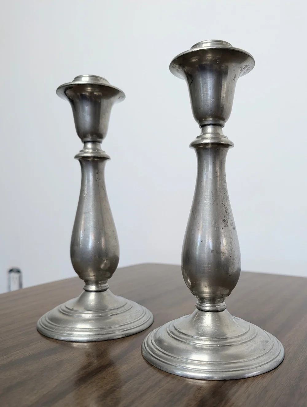 Pair Of Vintage Spindle Silver Tone Mayflower Pewter Tall Candlestick Holders